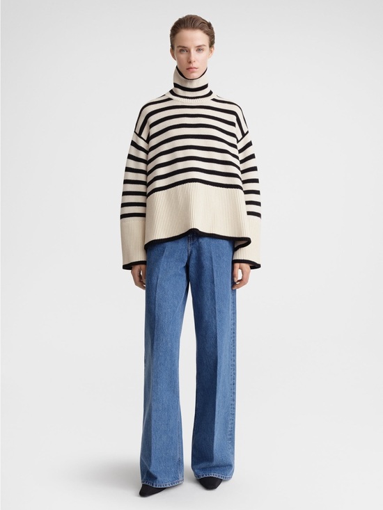 Toteme Sweaters - Toteme Cream and Black Striped Wool organic cotton Turtleneck Sweater